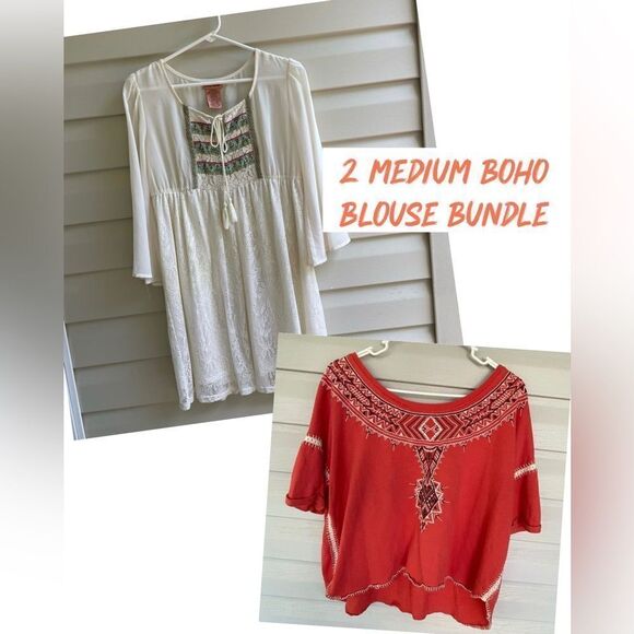 2 MEDIUM Blouse BUNDLE. Flying Tomato Boho and Free People Slouchy Boho Top - Picture 1 of 16